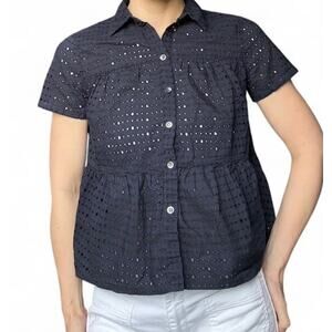 Madewell Navy Blue Blouse Eyelet Seamed Button Down Shirt 100% Cotton Sz XS